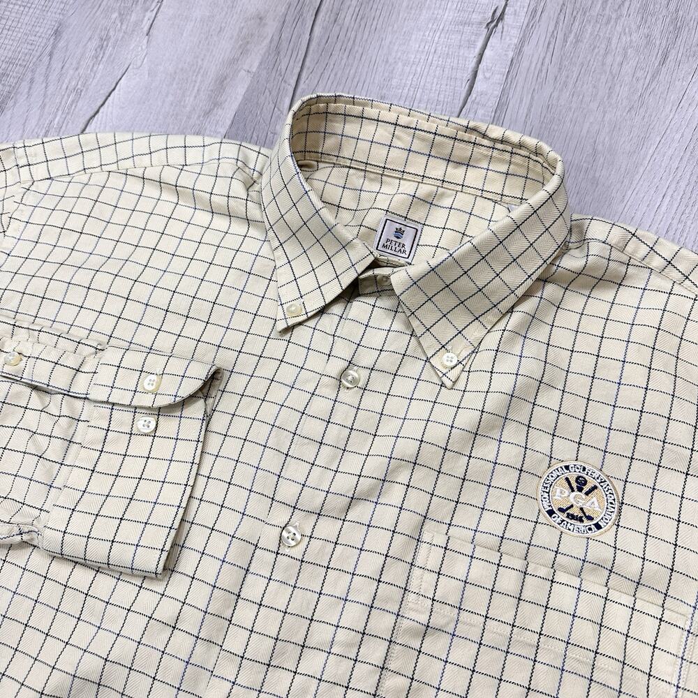 Peter Millar Button Down Shirt Men XL Yellow Plaid Long Sleeve Check PGA Golf